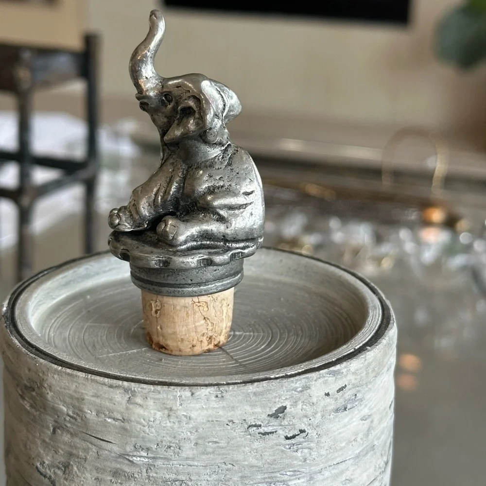 Pewter Cork wine bottle stopper. Elephant with trunk up for good luck